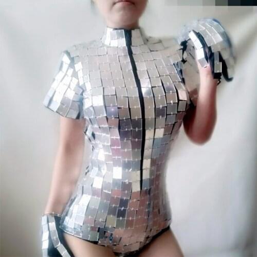 Night Bar Female Singer Stage Costumes Silver Mirror Short-Sleeved Bodysuit Women Performance Clothing Festival Outfit DN5103