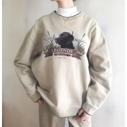 B-TOTO American Retro Khaki Dog Head Print Round Neck Sweater Women Tide Ins Spring And Autumn Thin Section 2021 Fashion