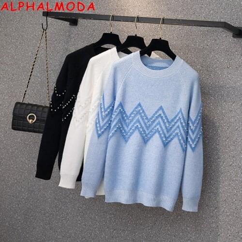 ALPHALMODA Geometric Knitted Pullover Womens 2021 New Autumn Sweater Beaded Loose Winter Fashion Knitting Jumper