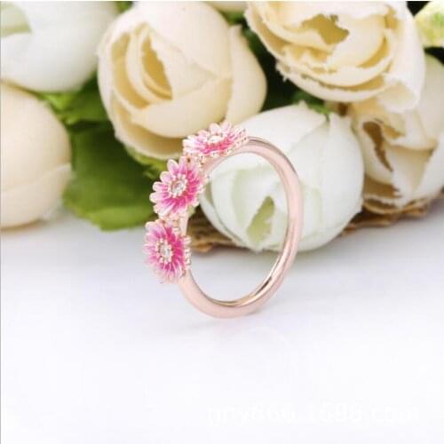 925 Sterling Silver Pandora Ring Rose Pink Daisy Flower Trio With Crystal Rings For Women Wedding Party Gift Fashion Jewelry