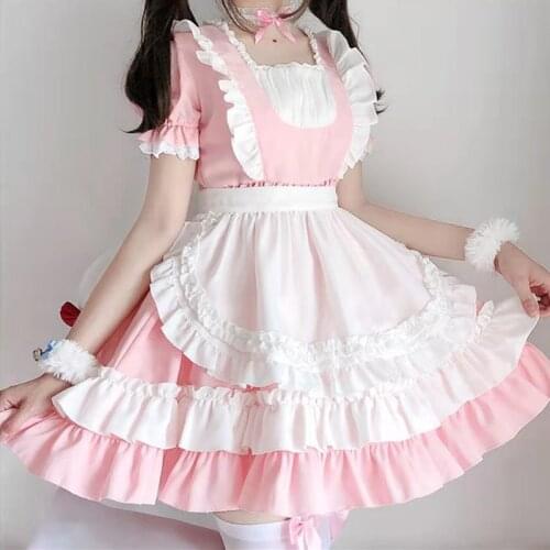 Pink Cat Style Maid Lolita Outfit Women Dress Loli Uniform Cosplay Anime Harujuku Japanese Short Sleeve Lolita Op With Apron