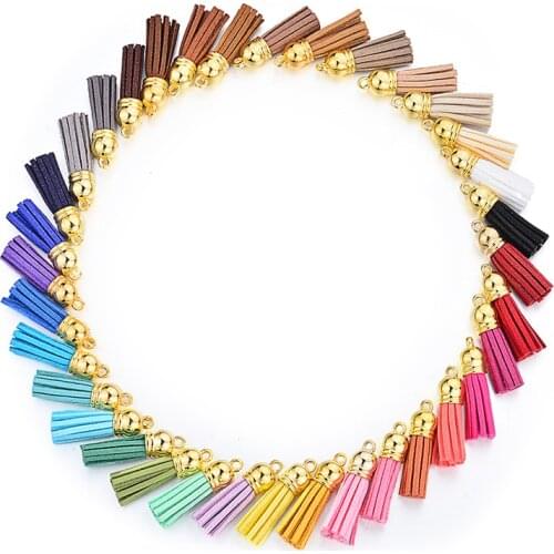 70Pcs/lot 35 Colors Cap 38mm Cap Leather Tassel Pendants Faux Suede Leather Tassels for DIY Jewelry Fringe Keychain Making