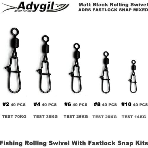 Adygil Matt Black Fishing Rolling Swivel With Fastlock Snap Kits ADRS FASTLOCK SNAP MIXED #2 #4 #6 #8 #10 200pcs/lot