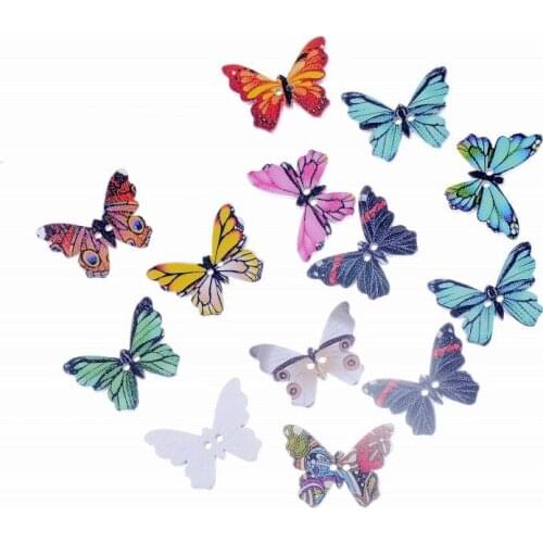 Free Shipping Retail 50Pcs Random Mixed 2 Holes Cartoon Butterfly Pattern Wood Sewing Baby Buttons Scrapbooking 25x18mm F0901