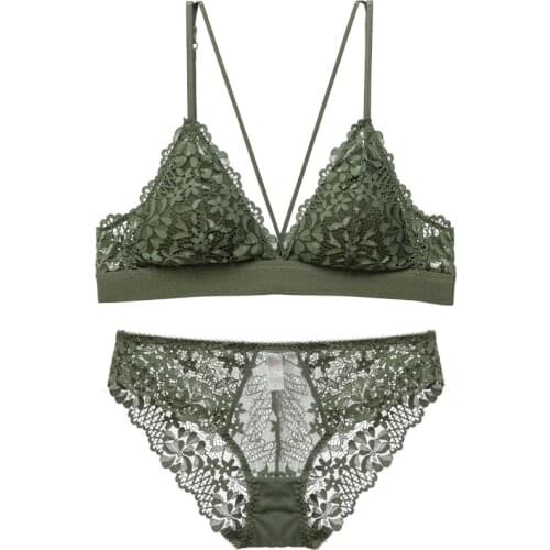Strappy Bralette Elastic Underband Bras and Panty Set Unlined Wireless Dentelle Underwear Women Lingerie Army Green Brassiere