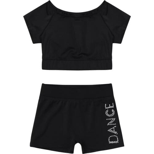 Kids Girls Sports Suit Workout Gymnastics Outfits Short Sleeves Dance Tank Crop Top With Shorts Bottoms Ballet Dancewear Set