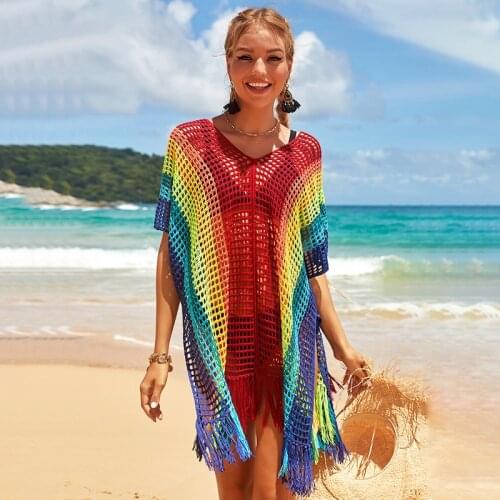 European and American new rainbow color hollow beach blouse seaside vacation bikini outer blouse swimsuit with sun protection