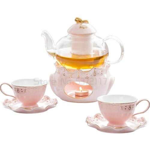 European Style Fruit Flower Tea Cup Household Ceramic Candle Heating Glass Flower Teapot English Afternoon Tea Set