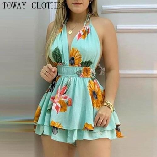 Summer Women Sleeveless Halter Floral Print Ruffle Hem Romper Sexy Daily Playsuits