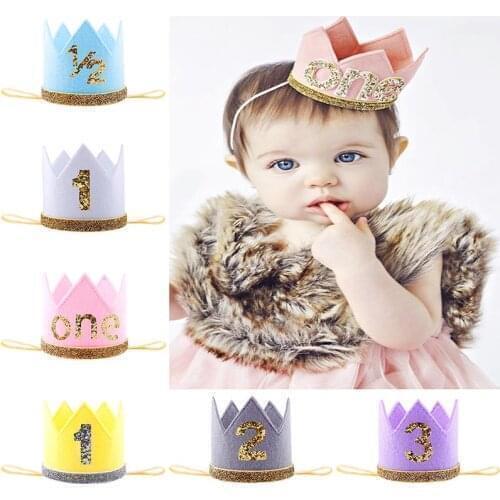 Cute Baby Birthday Party Crown Hat Boys Girls Baby Shower Glitter Headband 1/2 First Second Birthday Decoration Party Supplies