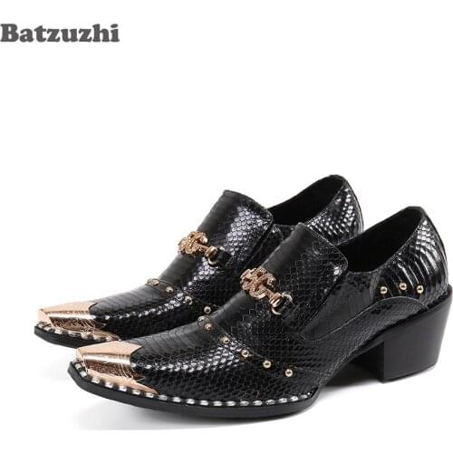 Batzuzhi Luxury Handmade Mens Leather Shoes Pointed Metal Toe Black Genuine Leather Dress Shoes Men Business 6.5cm High Heels