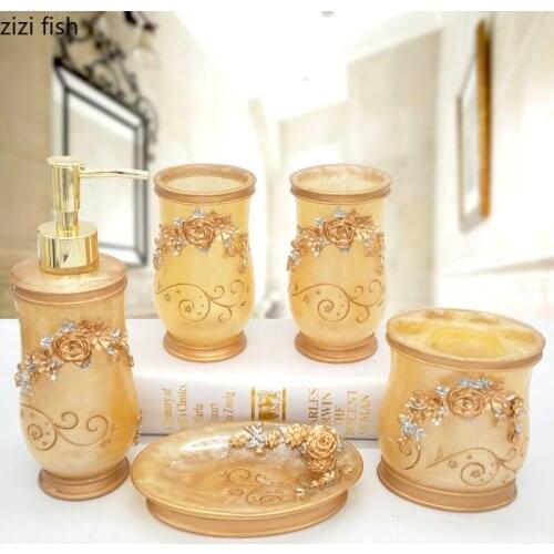 Yellow Resin Bathroom 5-piece Set Home Bathroom Accessories Set Mouthwash Cup Wash Set Lotion Bottle Toothbrush Holder Soap Dish