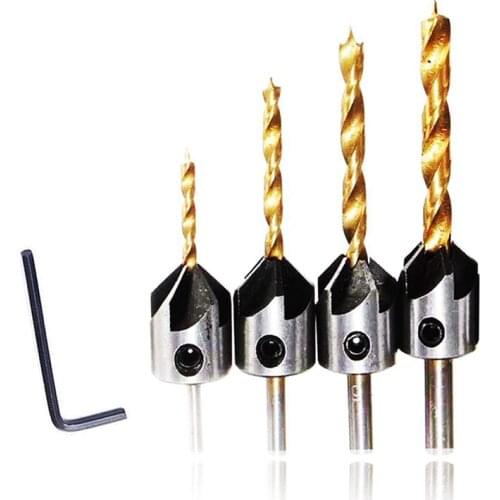 4 PCS Titanium Coated Countersink Drill Bit Set Woodworking Carpentry Reamer Tool Set with Hex Key Wrench