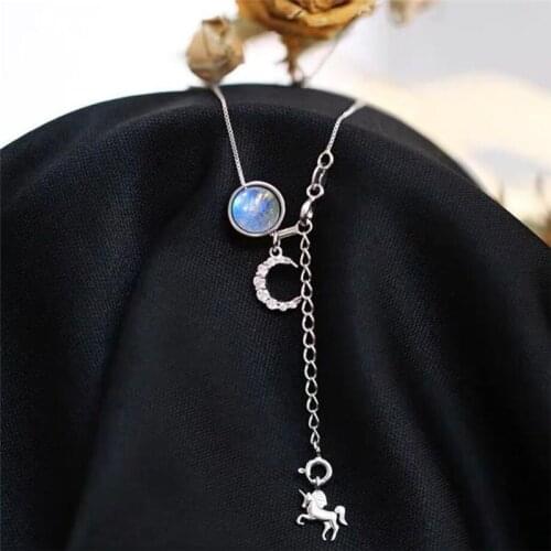 Sole Memory Moonlight Light Blue Moon Unicorn Dream Crystal 925 Sterling Silver Clavicle Chain Female Necklace SNE457