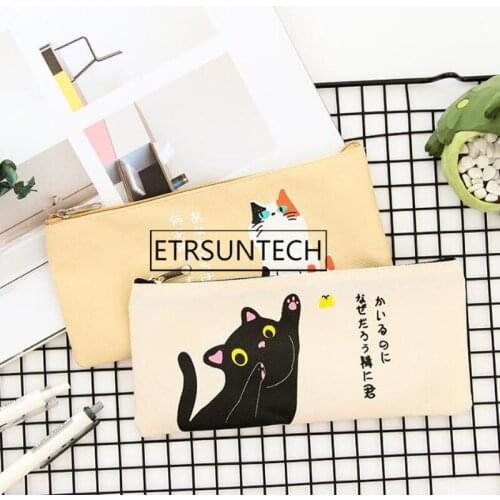 200pcs Cartoon Cat Pencil Case For Women Girls Canvas Pencil Pen Storage Bag Cosmetic Makeup Zipper Bag