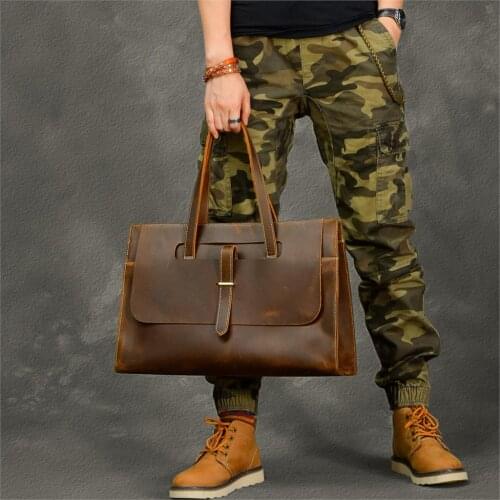 Men Briefcase Bag Crazy Horse Leather Shoulder Messenger Bags Famous Brand Business Office Handbag for 14 inch Laptop