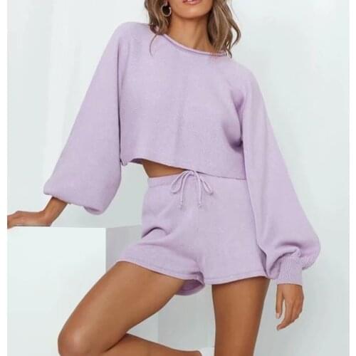 Casual Solid Knit Two Piece Sets 2021 New Women Puff Sleeve Sweater And Lace Up Shorts Suits Female Home Matching Set Tracksuit