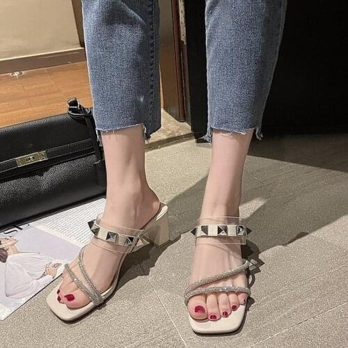 Summer New Style Rhinestone Womens Slippers High-heeled Womens Sandals with Rivet Decoration Womens Sandals Shoes for Women