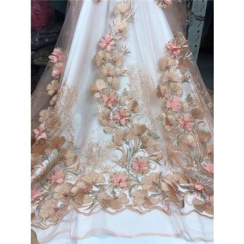 New arrival Beaded Embroidered tulle lace fabric YG-460 with pretty 3d flowers for fashion dress or party dress