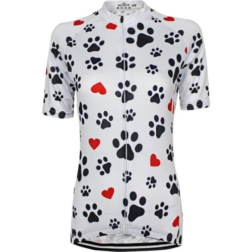 HIRBGOD 2020 New Women Black Footprint Red Heart Cycling Jersey Funny White Short Sleeve Bike Shirt Breathable Bike Top,FT012
