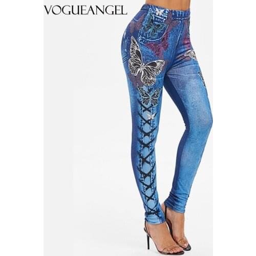 VOGUEANGEL Plus Size Lace Up Print High Waist Capri Leggings 2021 New Fashion Women Faux Denim 3D Butterfly Printed Leggings 5XL