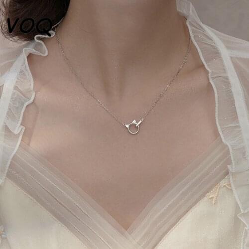 VOQ 925 Sterling Silver Simple Cute Cat Zircon Pendant Necklace Clavicle Chain Womens Jewelry Gift