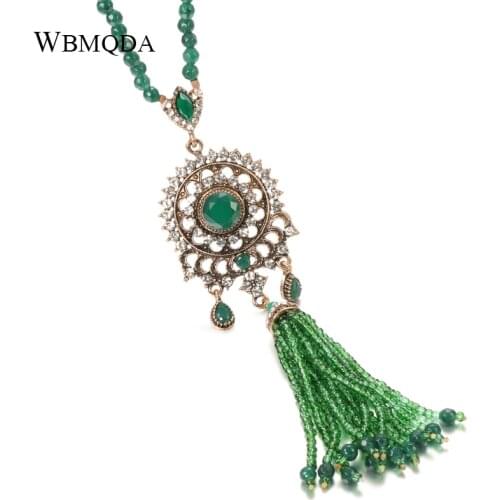 Wbmqda Luxury Green Natural Stone Necklace For Women Antique Gold Crystal Hand Made Long Necklace Ethnic Wedding Boho Jewelry
