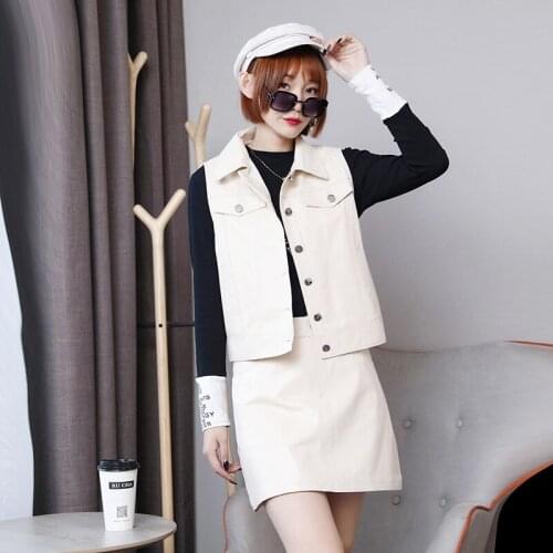 Real Leather Womens Skirt Sets High Quality Genuine Sheepskin Leather Tank Jackets Women Female Mini Skirts Ropa Mujer Zjt2552