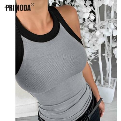 Chic Basic O-neck Tank Tops Casual Women Tees 2021 Color Patchwork Vest Casual Bodycon Sleeveless T-shirts Knitted Cami PR1631G