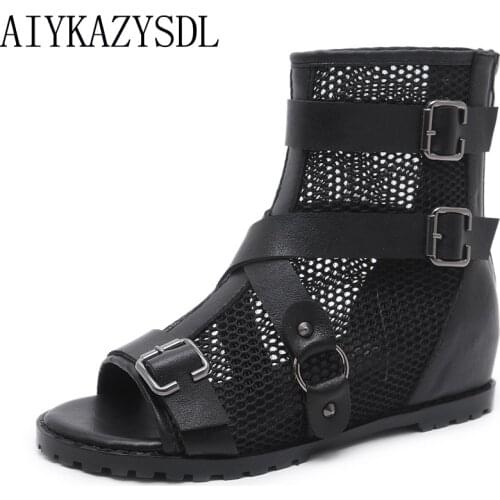 AIYKAZYSDL Women Gothic Peep Open Toe Shoes Summer Bootie Short Ankle Boots Mesh Cut Out Cross Strap Buckle Sandals Flat Heels