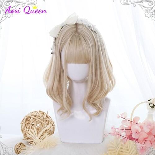 LM Bobo Cosplay Blonde Wigs with Bangs Woman Synthetic Hair Wigs Wavy Cute Lolita Cosplay Female Daily False Hair