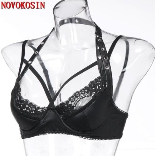 2020 Lady Strapped Vest Faux Leather Black Deep Open Sexy Lace Bra Women Three Point Night Club DS Halter Rivet Party Costume