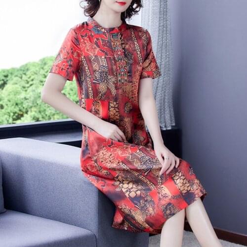 Summer Women Vintage Print Mulberry Silk Satin Dress 2021 New Casual 4XL Plus Size Midi Sundress Elegant Bodycon Party Vestidos
