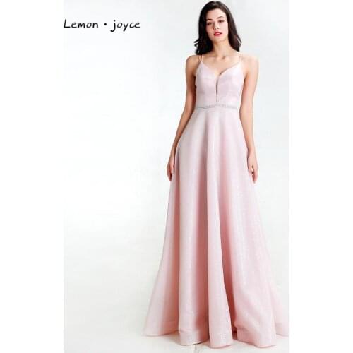 Lemon joyce Pink Prom Dresses Long 2020 Sexy v-neck Backless Simple A-line Prom Gowns Plus Size