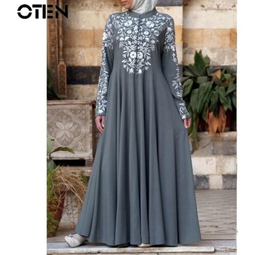 OTEN Muslim women Dress stand-up collar flower print large swing dress Evening Party Middle Eastern Elegant Abayas Clothing