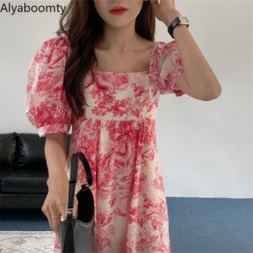 2021 New Summer Women Korean Stylish Dress Square Collar Printed Loose Feminine Vestidos Puff Sleeve Vintage Chic Ladies Dress