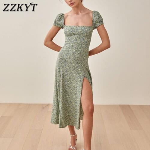 ZZKYT 2021 Women Summer Vintage Elegant Floral Print Midi Dress Fashion Square Collar Short Sleeve Female Split Dresses Mujer