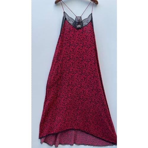 2022 red leopard Jacquard Asymmetric Dress V-neck Embroidery Lace Trim Sleeveless Strappy Long dress Woman