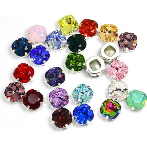 12mm Fat Square Crystal Sew On Rhinestone Silver Base With 3D Charming Gem Sewn Rhinestones Glass For Needlework Clothes Shoes