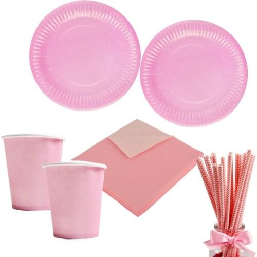 85pcs/set Pink Disposable tableware Happy Birthday Paper plate cup napkin straw wedding baby shower birthday party decoration