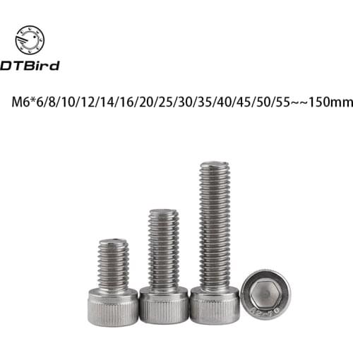 DIN912 M6 Metric Thread 304 Stainless Steel Hex Socket Head Cap Screw Bolts M6*(6/8/10/12/14/16/18/20/22/25/30/35/40~150) mm