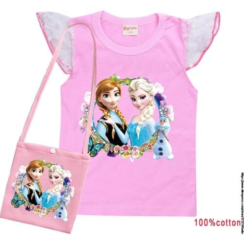Disney Frozen Elsa Cartoon Summer Girls Cotton T Shirt +bag Baby Children White Gauze Sleeve Vest T-shirt Tops Tees Casual Wear