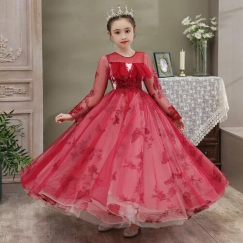 Flower Girl Dress Illusion Embroidery Sequined Princess Full Beading Burgundy Floor-Length Tulle Lace O-Neck Kid Party Gown H215