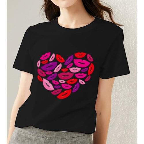 Womens T-shirt Black Classic Sexy Lip Print Love Pattern Series Printed Top Ladies Comfortable Short Sleeve Breathable Clothes