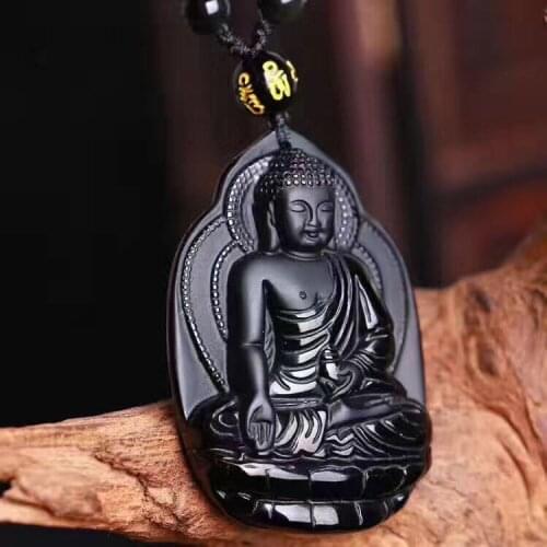 Koraba Fine Jewelry 100% Black Hand-carved Natural Obsidian Buddha Lucky Amulet Pendant + Necklace Free Shipping