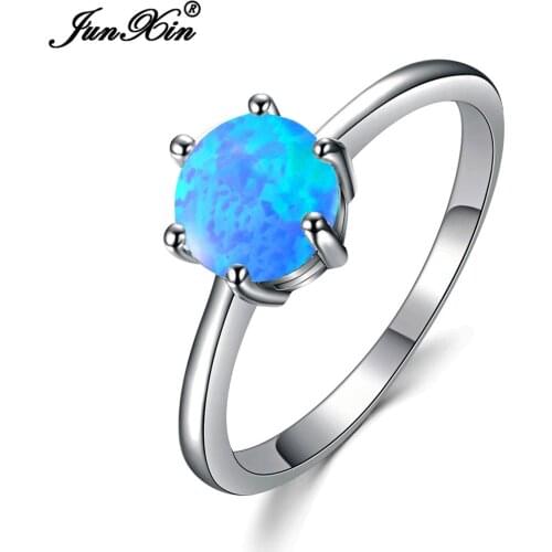 JUNXIN Male Female Small 7mm Round Ring Boho Blue/White Fire Opal Stone Ring Promise Engagement Rings For Men And Women