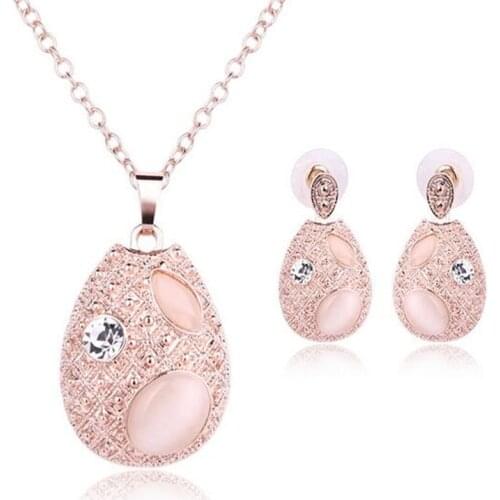 Natural Cats Eye Stone Jewelry Set For Woman Gold Color Necklace Pendant Crystal Earrings Wedding Beads Fashion Jewelry Gift