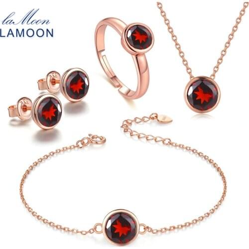 LAMOON Real 925 Sterling Silver Natural Red Garnet Classic Jewelry Sets for Women Fine Jewelry Wedding Anniversary Bijoux V007-1
