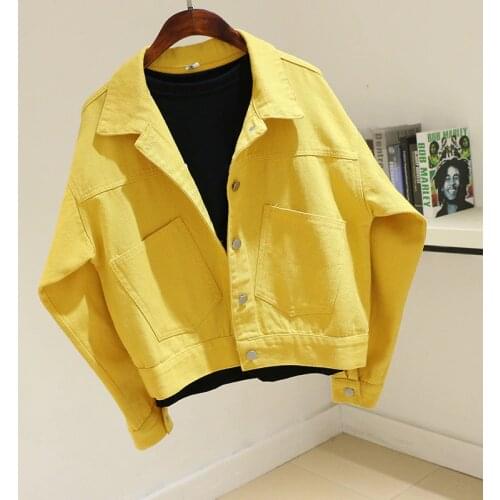 Korean Fashion Yellow Denim Jacket Women Harajuku Loose Short Outwear Chaqueta Mujer Pocket Bat sleeve Casual Jeans Coat Female