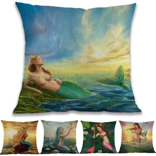 Beautiful Princess Fantasy Blue Mermaid in Sunset Long Hair Sexy Beauty Throw Pillow Case Home Sofa Decoration Cushion Cover